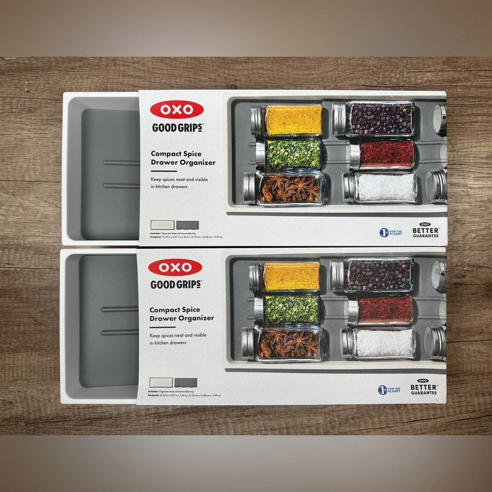OXO, Good Grips, drawer organizers for spices/jars NWT, white and gray, set of 2